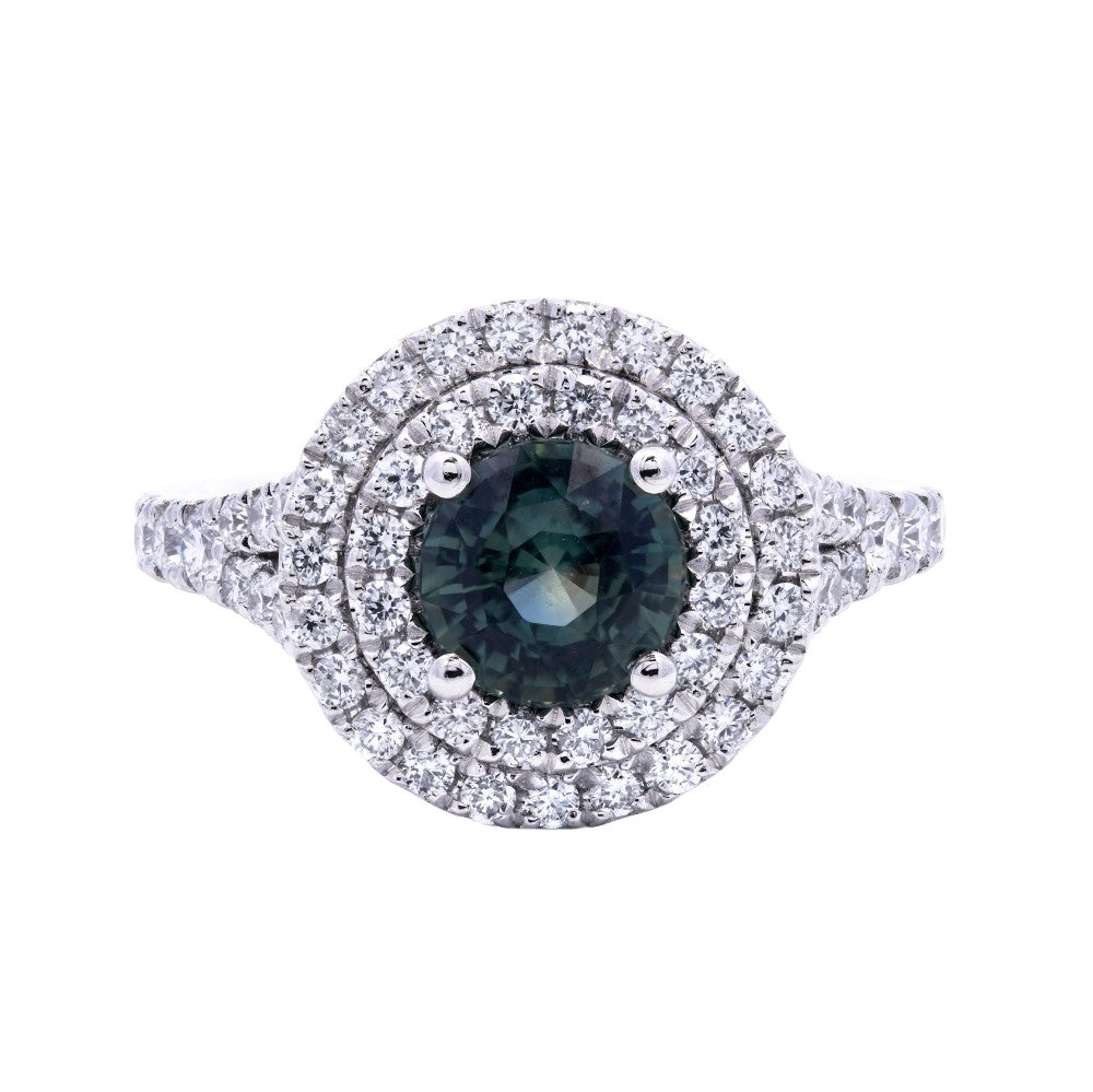 1.78ct teal sapphire & diamond engagement ring set in a platinum double halo