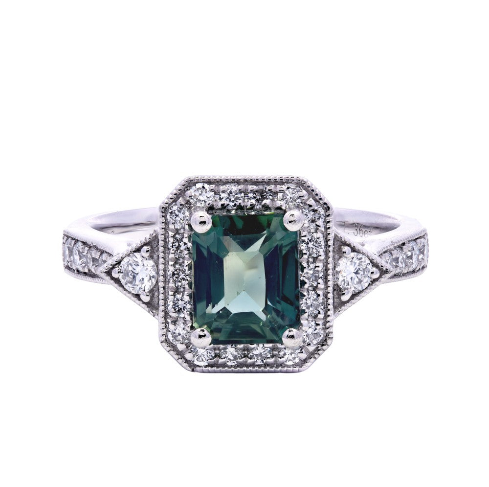 1.68ct teal sapphire & diamond engagement ring set in a platinum halo