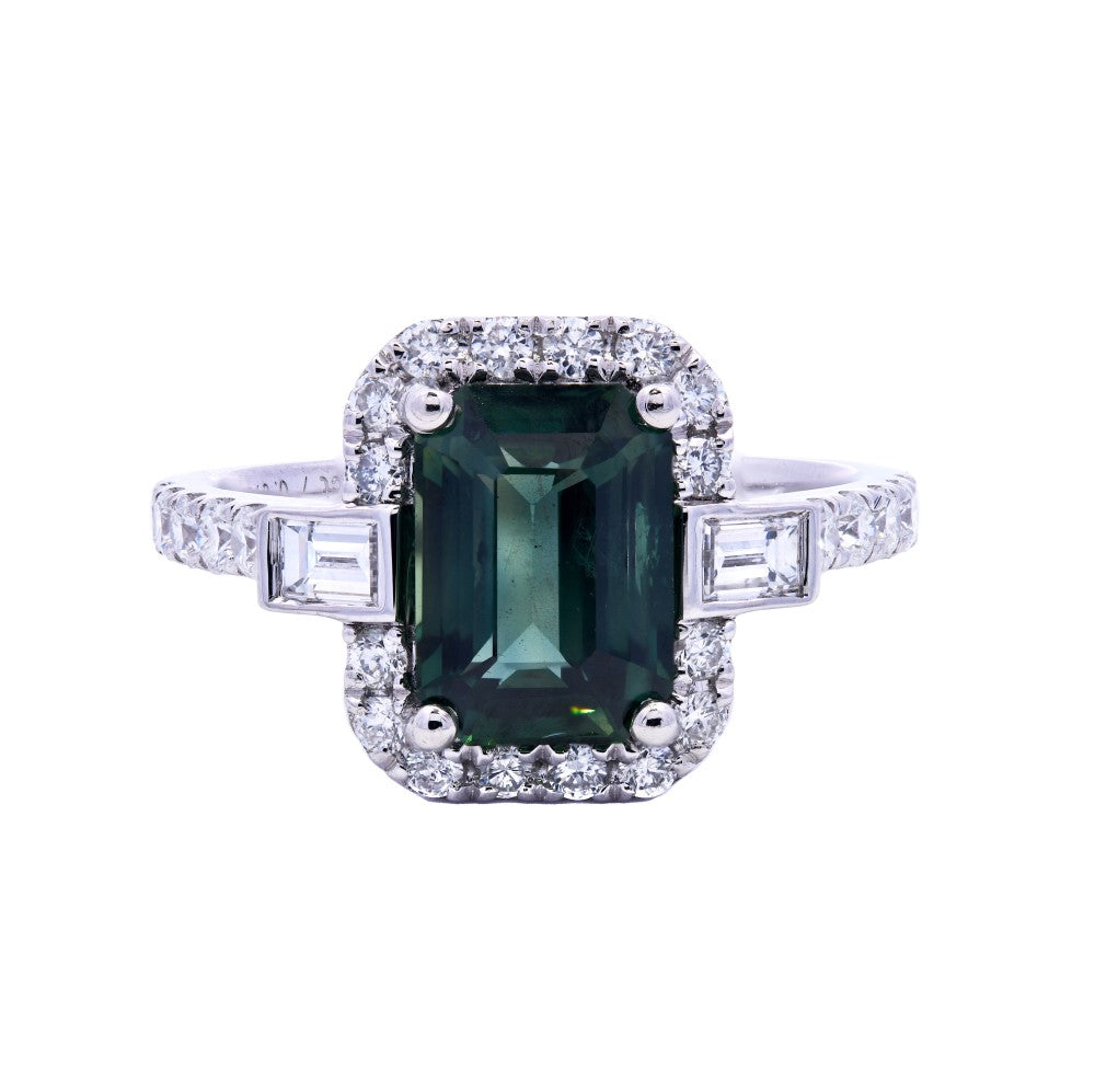 2.70ct teal sapphire & diamond engagement ring set in a platinum halo