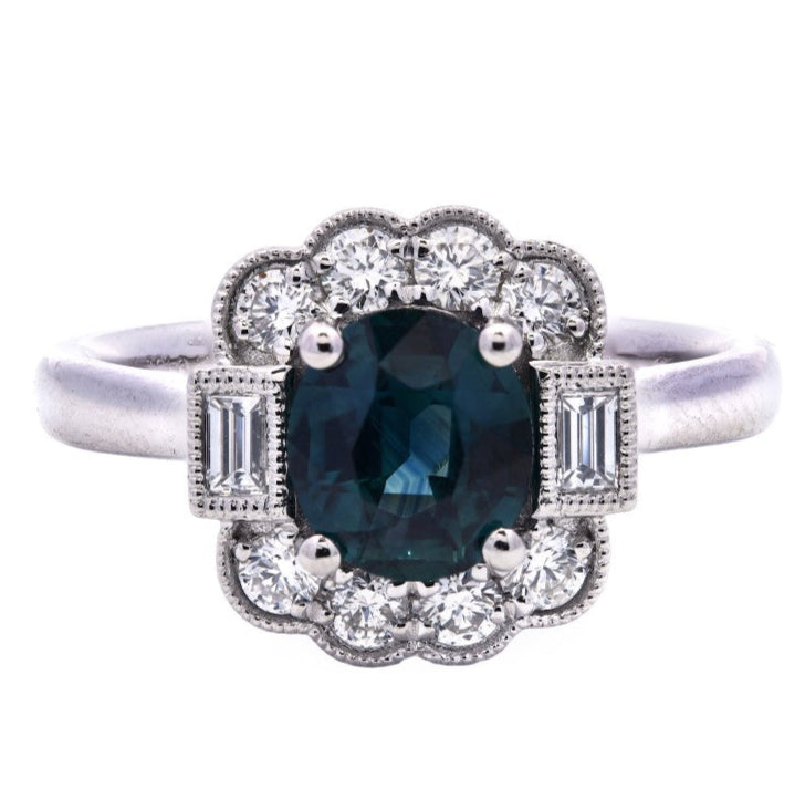 SOLD - 1.40ct teal sapphire & diamond engagement ring set in a platinum halo