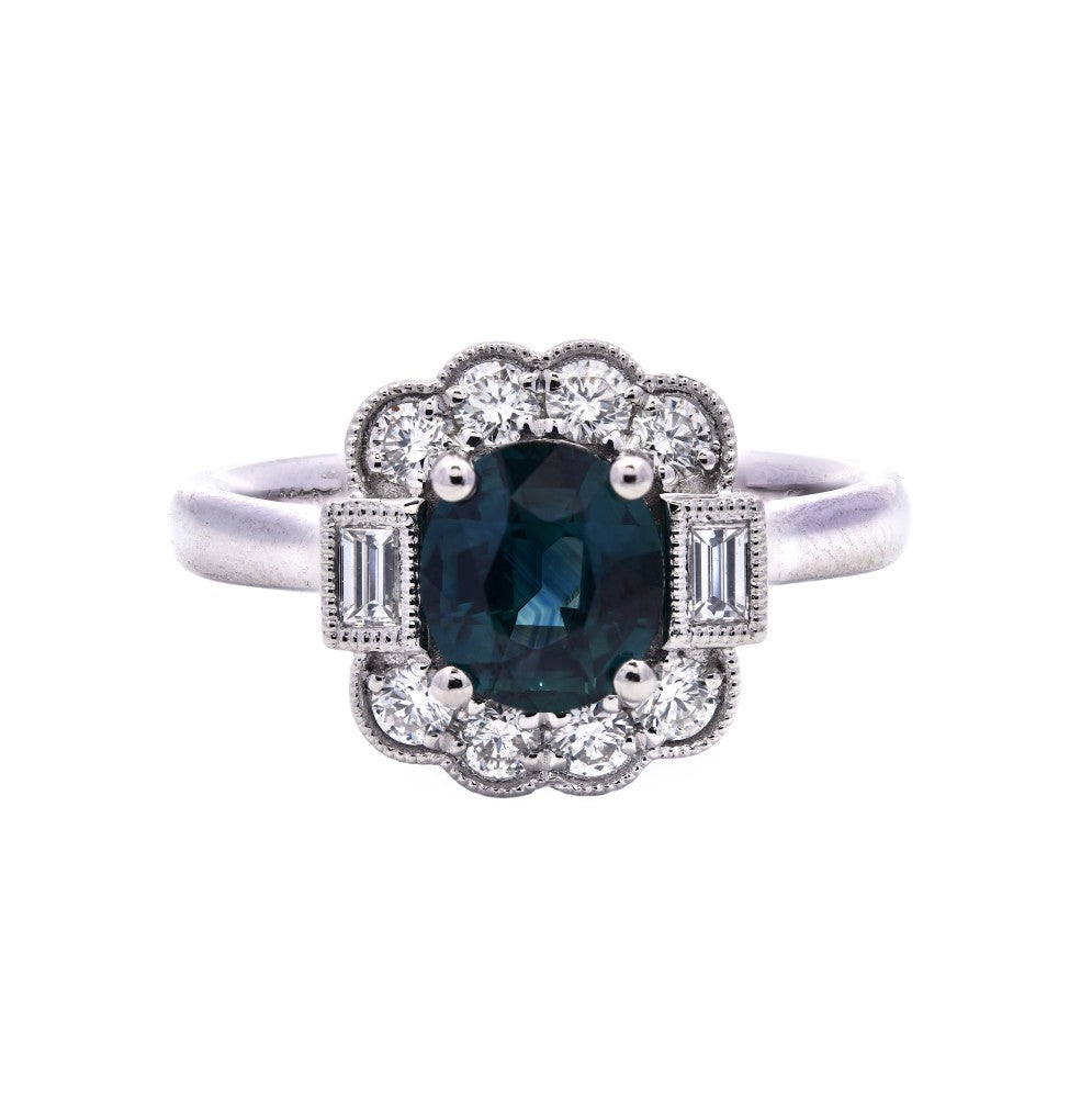 1.40ct teal sapphire & diamond engagement ring set in a platinum halo