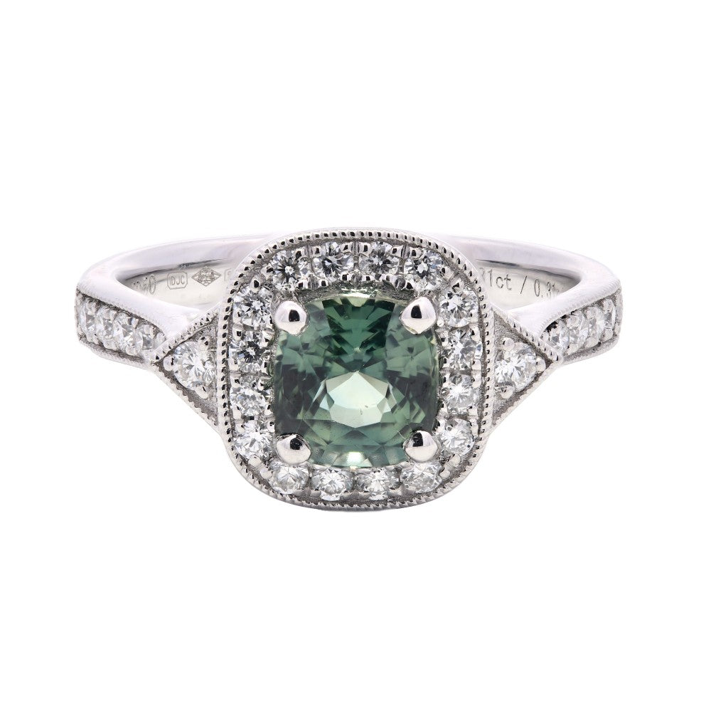 1.62ct teal sapphire & diamond engagement ring set in a platinum halo
