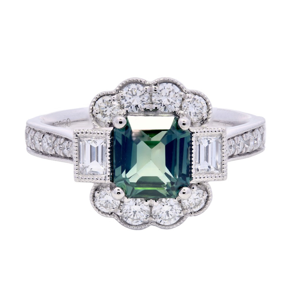 2.20ct teal sapphire & diamond engagement ring set in a platinum halo