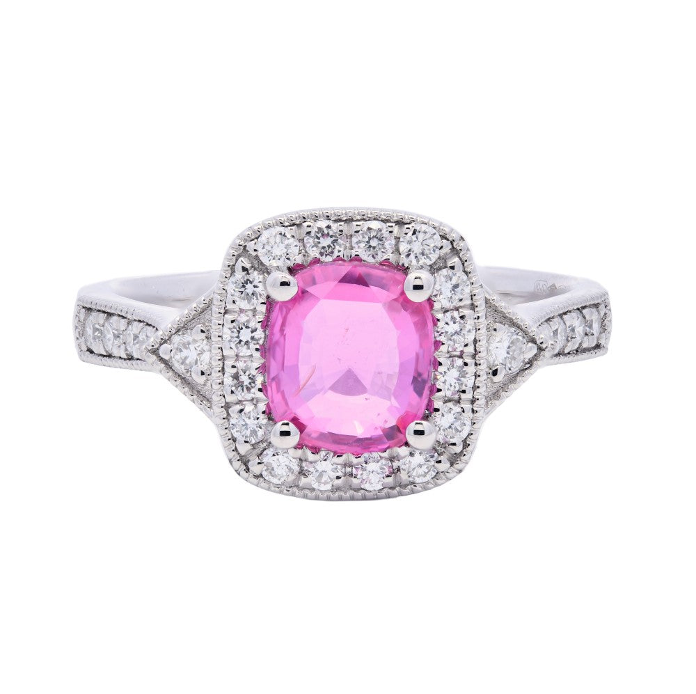 1.38ct cushion cut pink sapphire & diamond engagement ring set in a platinum halo