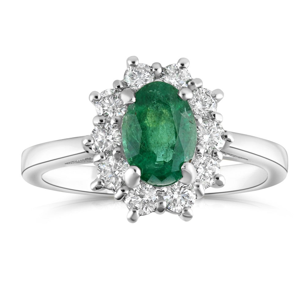 1.91ct emerald & diamond engagement ring set in a platinum halo