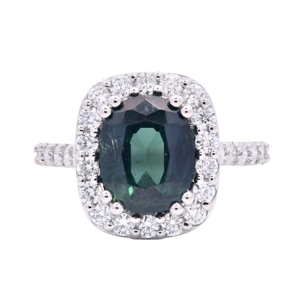 4.12ct teal sapphire & diamond engagement ring set in a platinum halo