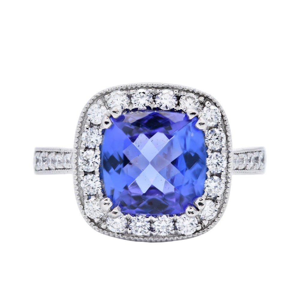 2.53ct tanzanite & diamond engagement ring set in a platinum halo