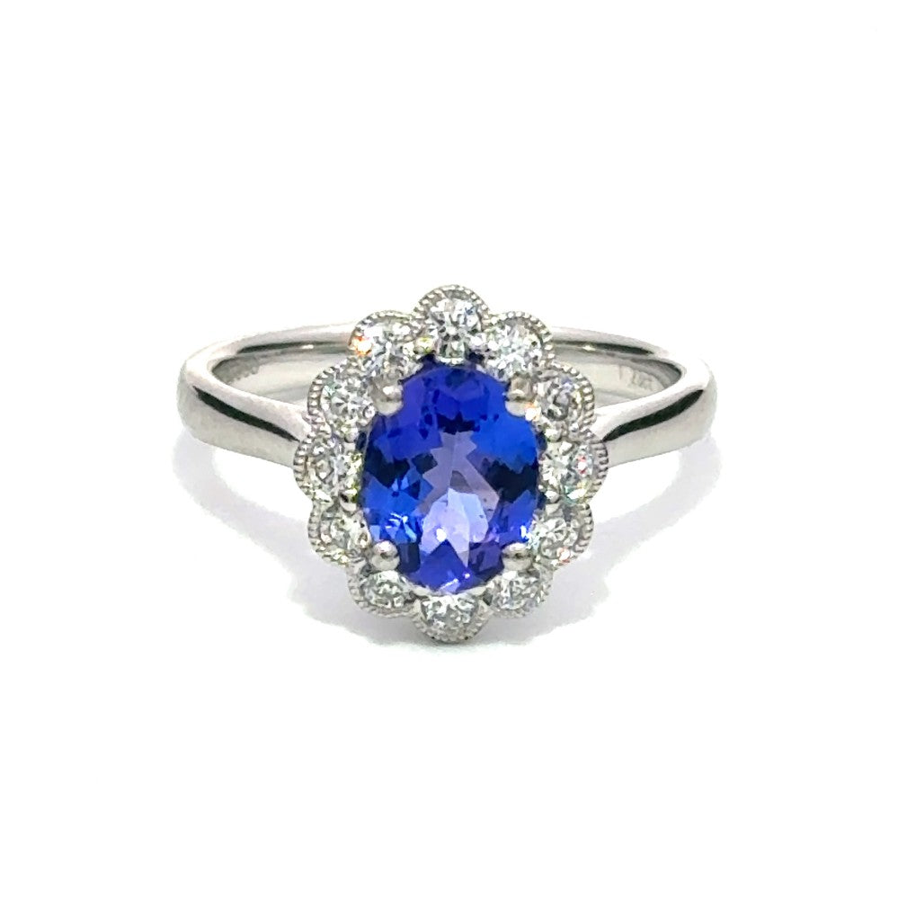 1.65ct tanzanite & diamond engagement ring set in a platinum halo