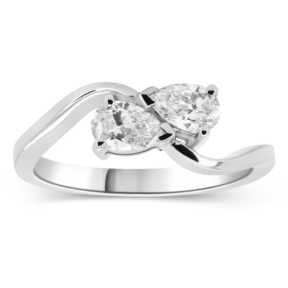 1.00ct pear cut diamond cross over ring, platinum, F colour, SI2 clarity, GIA certified